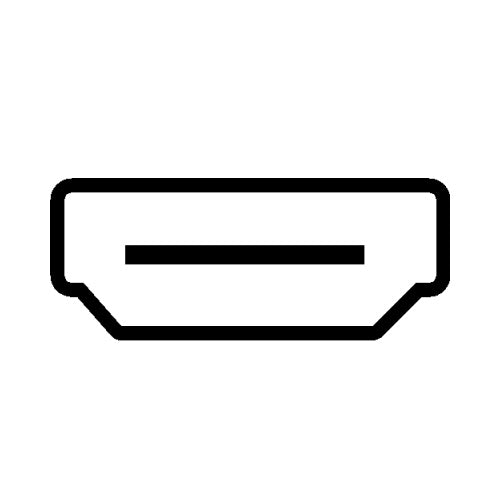 Minimalistisches HDMI-Anschluss-Icon in Schwarz auf weißem Hintergrund. Das Symbol kennzeichnet HDMI-Schnittstellen und eARC-Unterstützung für die digitale Audio- und Videoübertragung bei TV- und Audiosystemen.