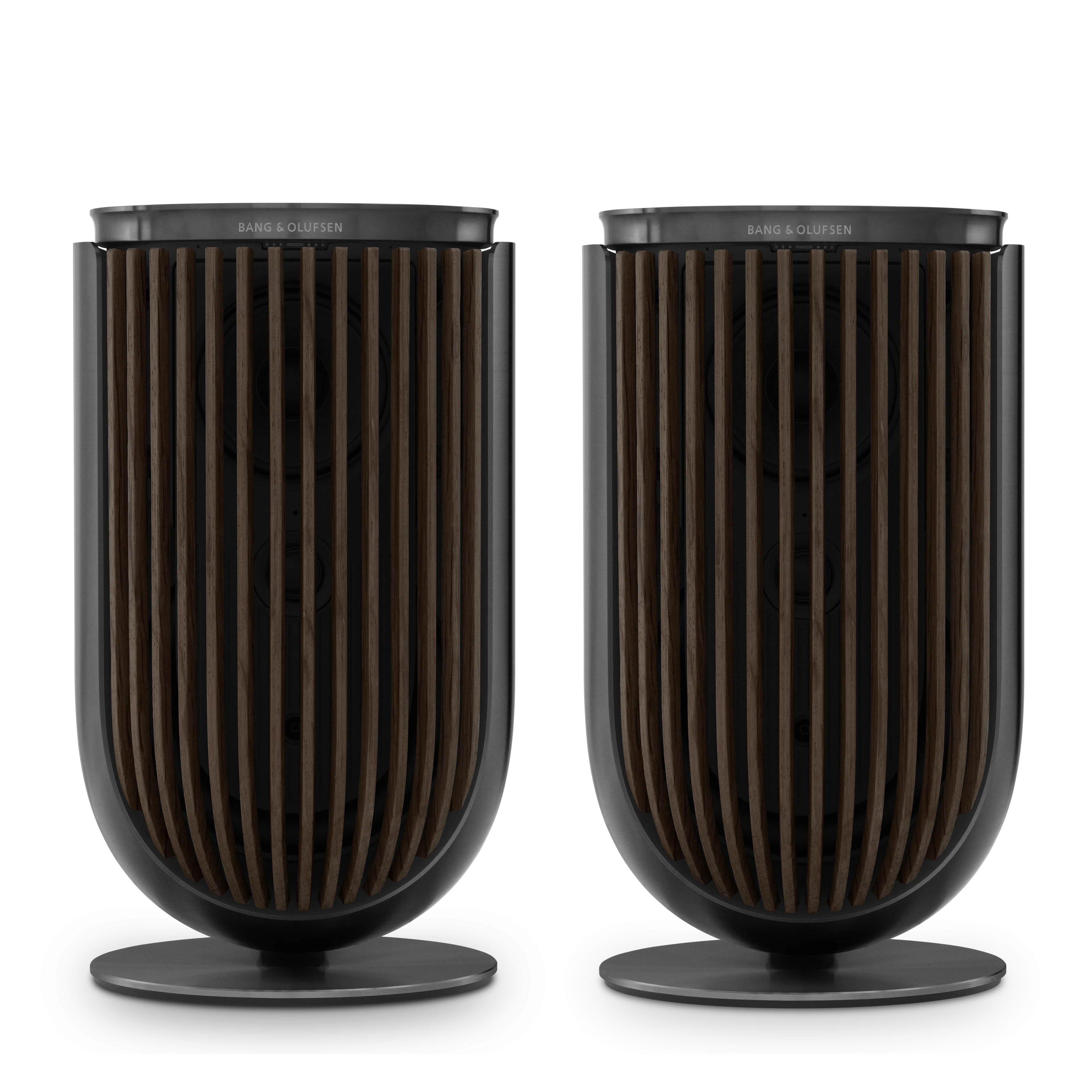 Bang & olufsen, B&O Beolab 8 Lautsprecher in Black anthracite mit dark oak Covern auf Tischstandfüßen