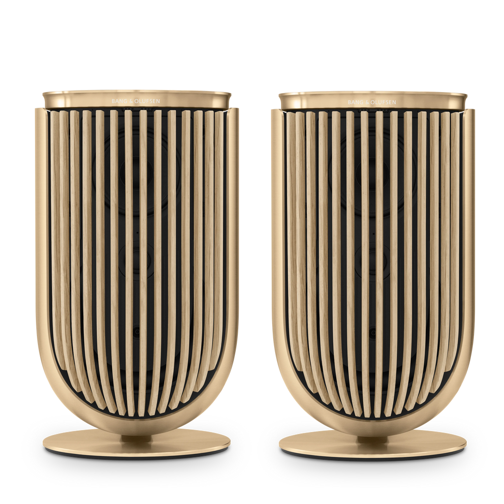 Bang & olufsen, B&O Beolab 8 Lautsprecher in gold Tone mit light oak Covern auf Tischstandfüßen
