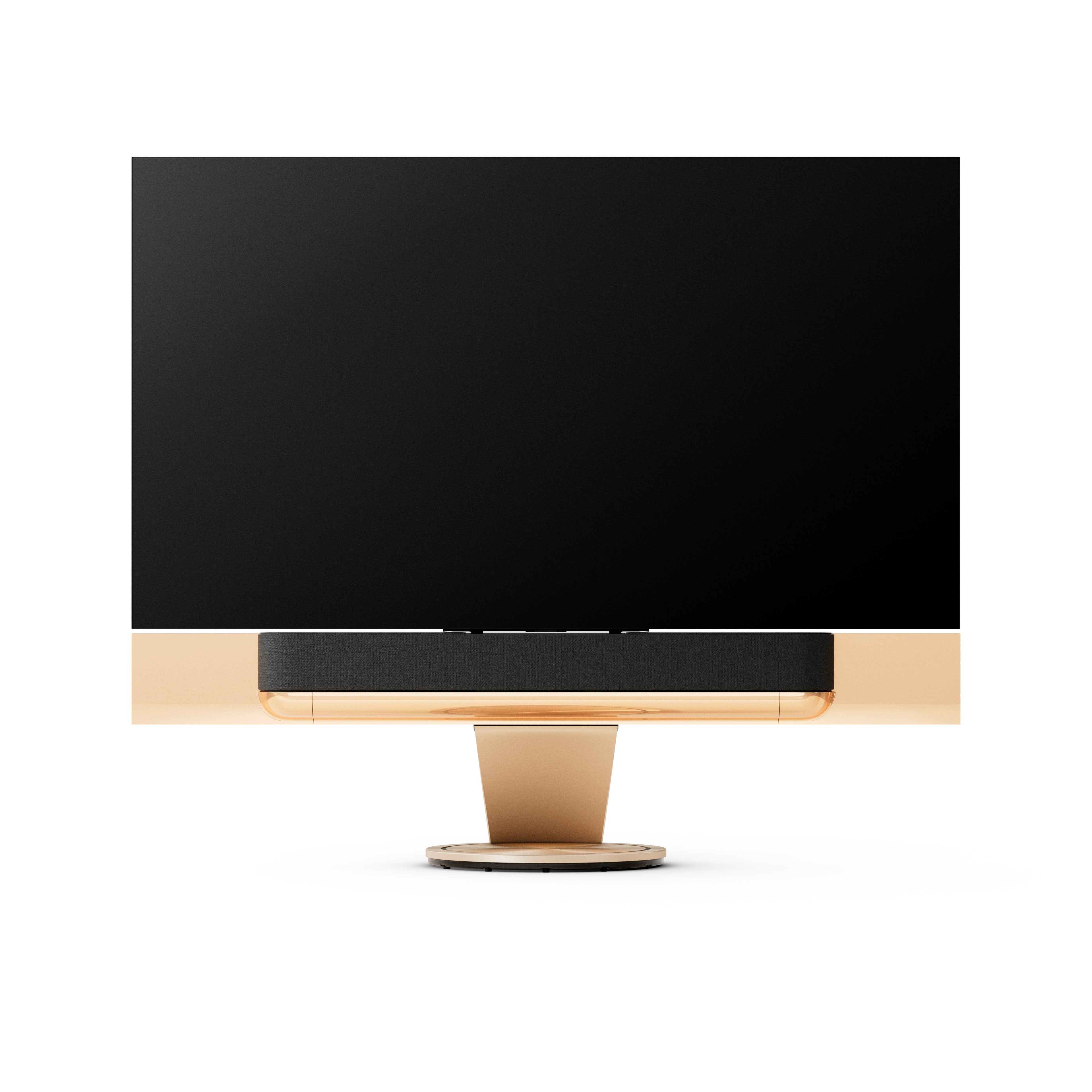 BeoSound Theatre in gold tone as TV in 77 inches  with fabric cover in grey melange on floor stand