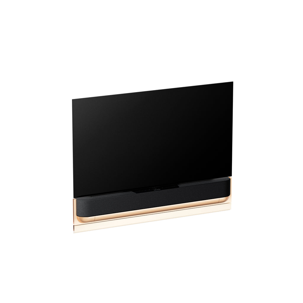 BeoSound Theatre in gold tone as TV in 55 inches  with cover in grey melange on wall bracket