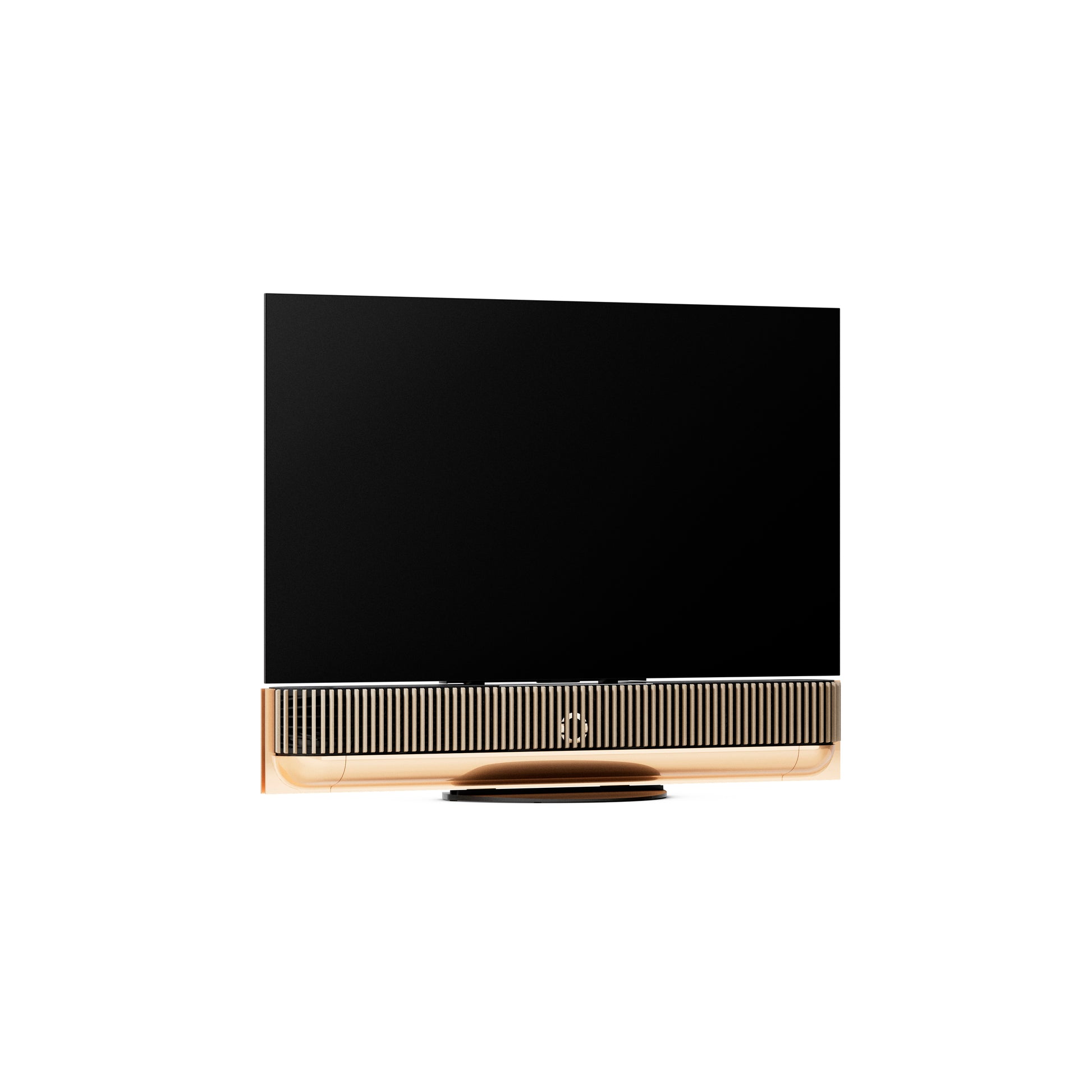 BeoSound Theatre in gold tone as TV in 55 inches with cover in light oak on table stand
