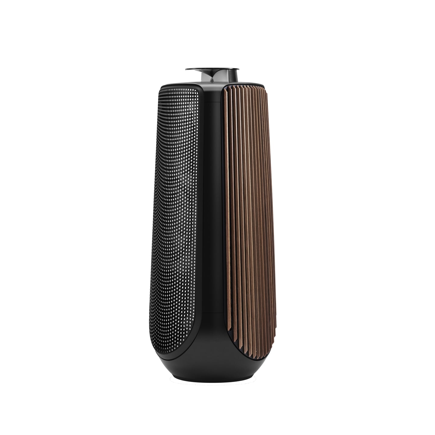 BeoLab 50 in piano Black mit Frontcover aus Aluminium und Seitencover aus Walnussholz